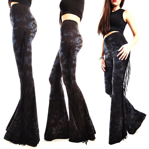 SHORT LENGTH High Waisted Fringe Bell Bottoms BLACK & GREY TIE DYE Rocker Style - Picture 3 of 7
